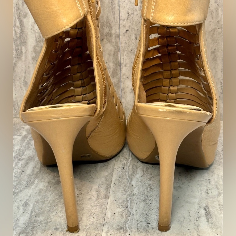 Gianni Bini Tan Brown Woven Leather Ankle Boots Booties Heels 9.5M - Picture 6 of 10